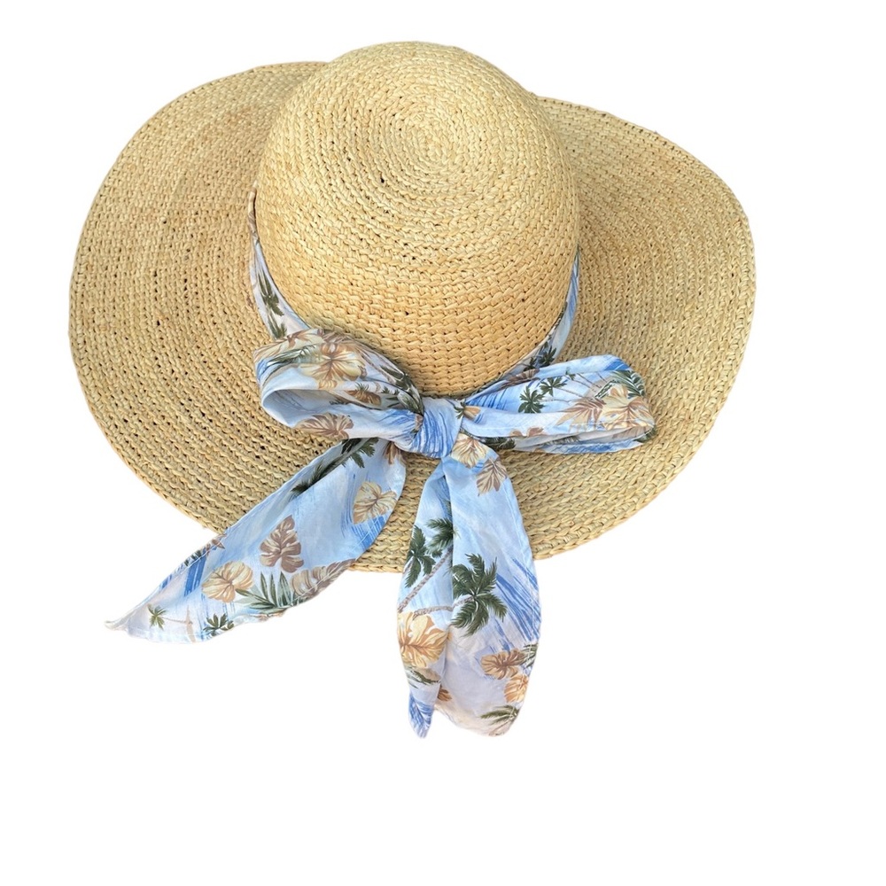 The Scala Collection Big Brim Raffia hat with tie/scarf palm tree light blues
